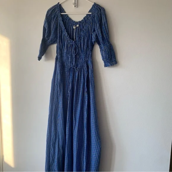 NWT Doen Ischia Cotton Voile Smocked Midi Maxi Dress Cassis Check Blue Plaid - Picture 9 of 16